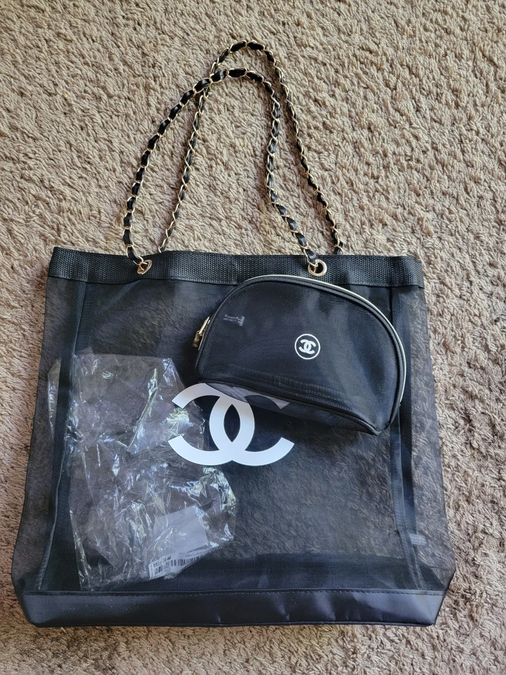 Chanel Black Mesh Tote with Quilted Chain Strap and Black Cosmetic Pouch